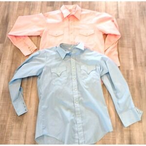 Malco Modes Vintage Western Pearl Snap Shirt 90s Adult 15 1/2 - 34 LS Pink Blue